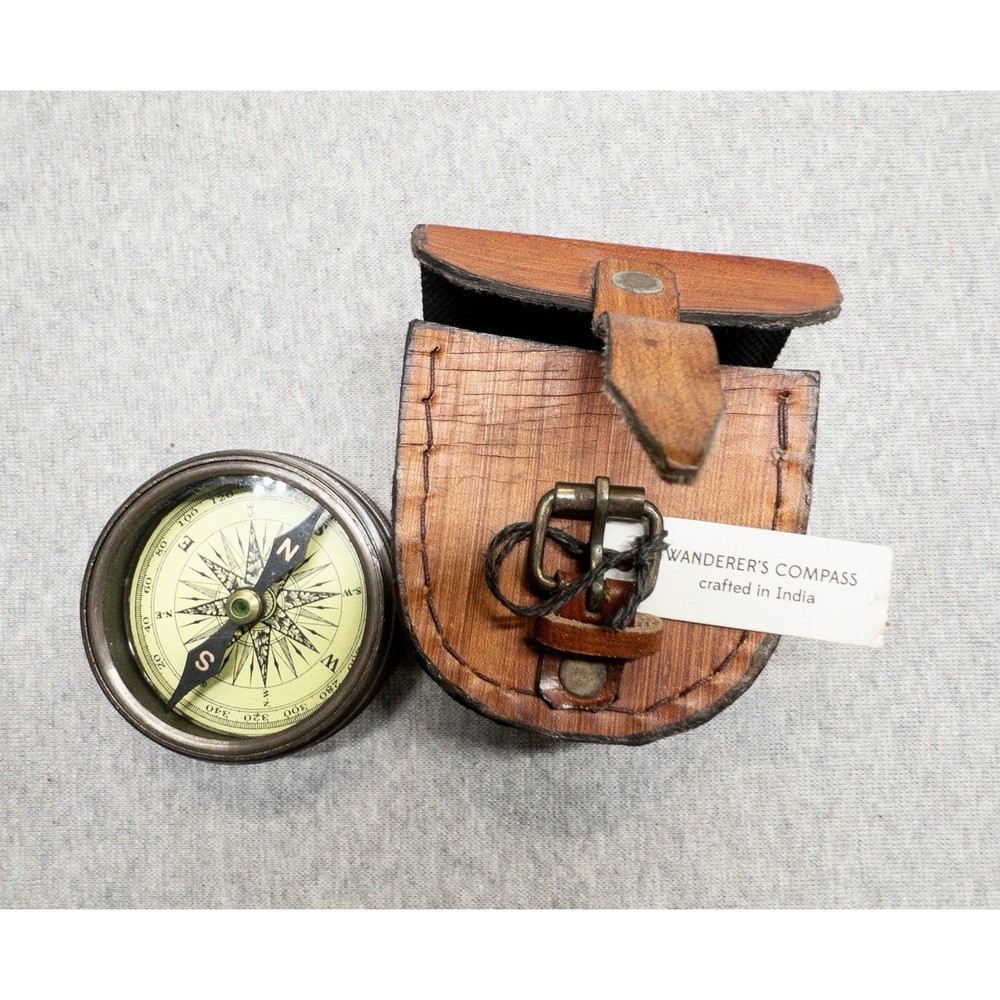 1885 Wanderers Brass Round Pocket Compass With Leather Case Decor Office Study‎